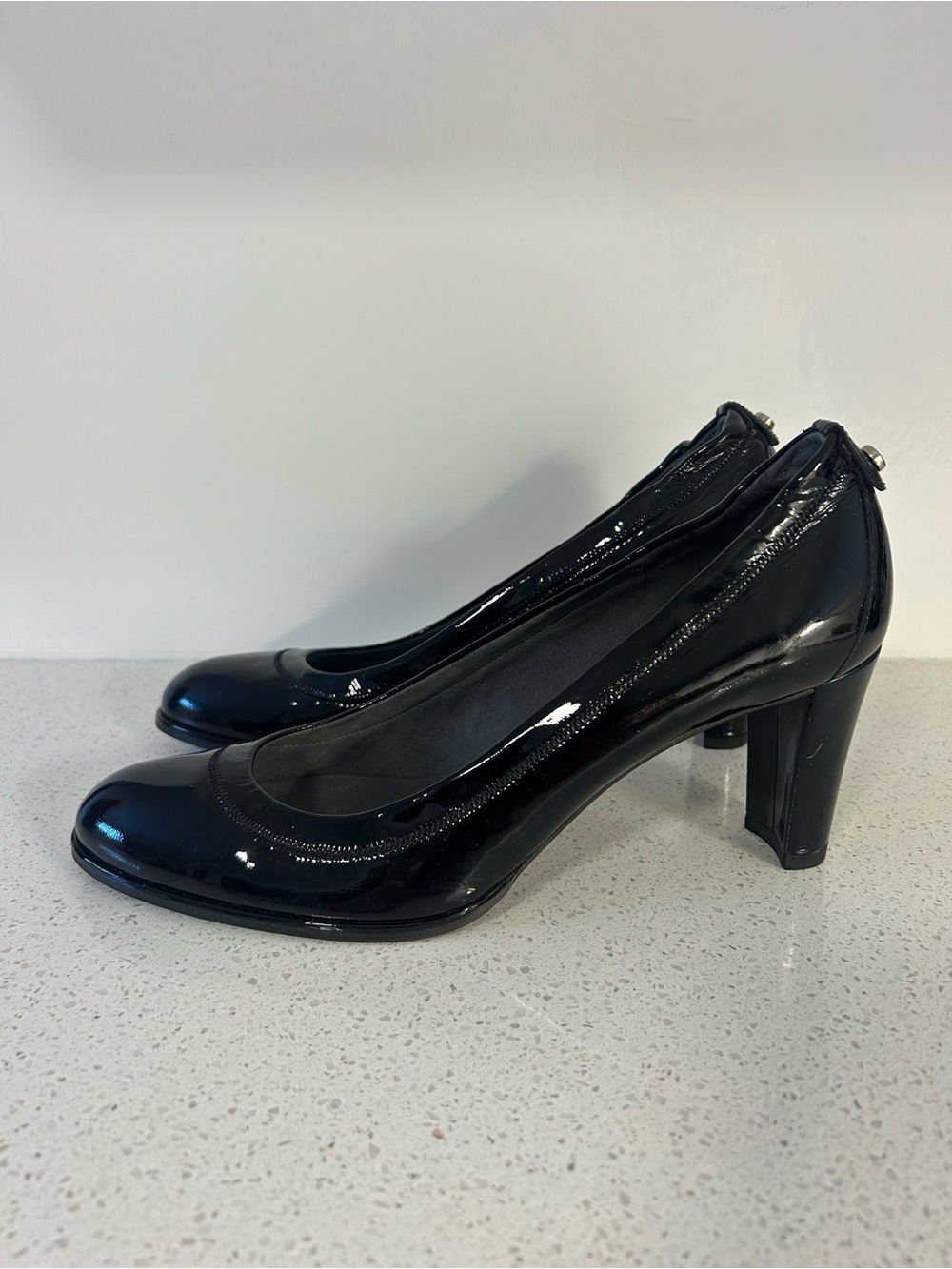 Stuart Weitzman Black Patent Round-Toe Block Heel Pumps